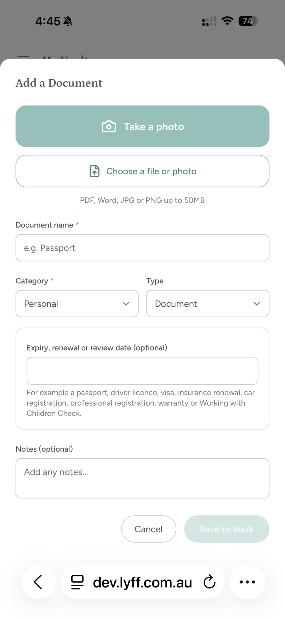 Actual Lyff mobile upload form showing Take a photo, file upload and an optional expiry, renewal or review date